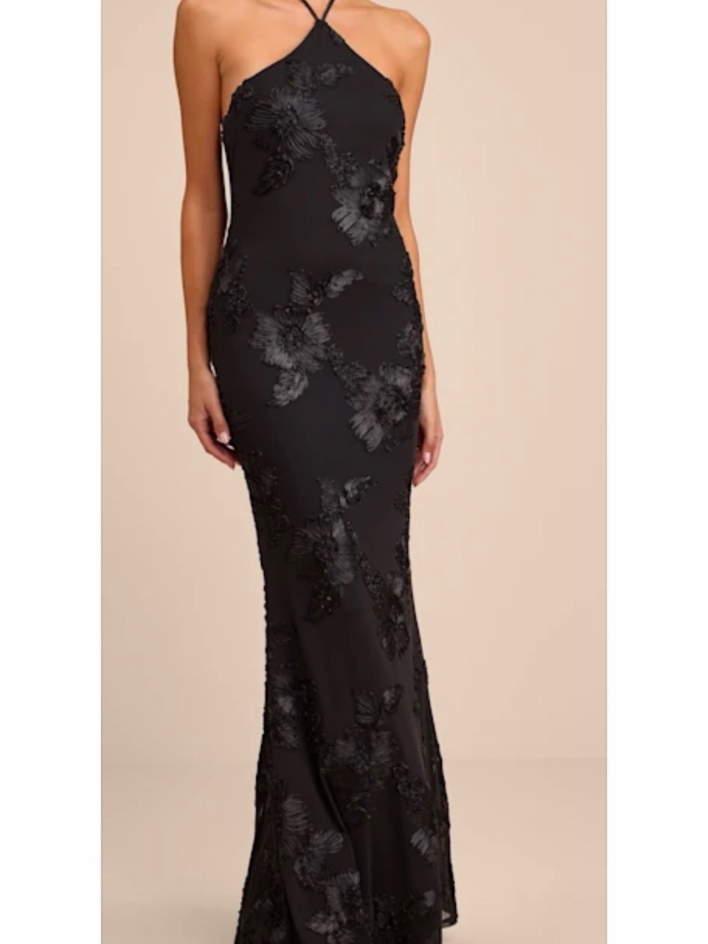 Lulu’s Black Halter Floral Embroidered Evening Gown